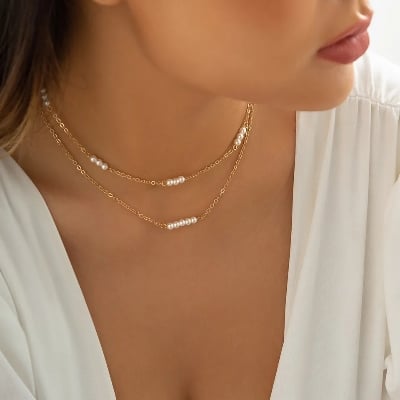 Picture of Multi Layer Pearl Choker Necklace With Ear Drop Earring For Wedding Dating Travelling Tenoor Special - Off White