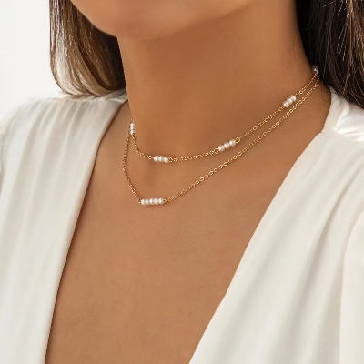 Picture of Multi Layer Pearl Choker Necklace With Ear Drop Earring For Wedding Dating Travelling Tenoor Special - Off White
