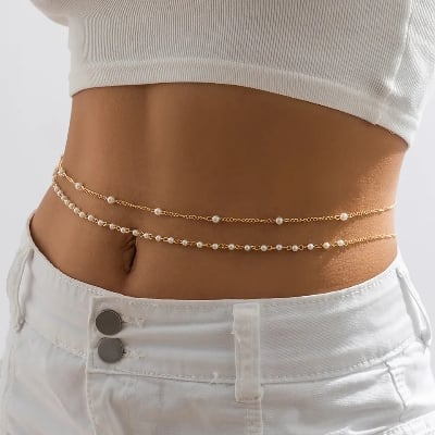 Picture of Pearl Belly Chain Waist Chain for Women Girl Sequin Bikini Body Jewelry Beach Party Accessories - Off White