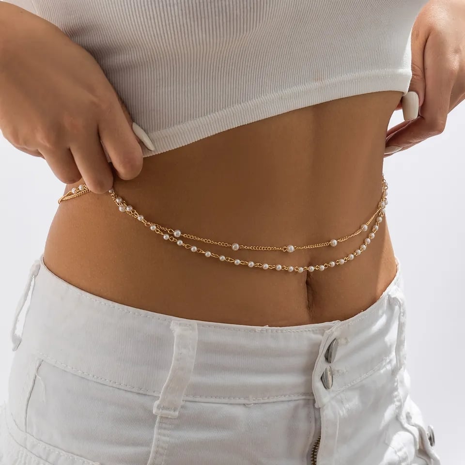 Picture of Pearl Belly Chain Waist Chain for Women Girl Sequin Bikini Body Jewelry Beach Party Accessories - Off White