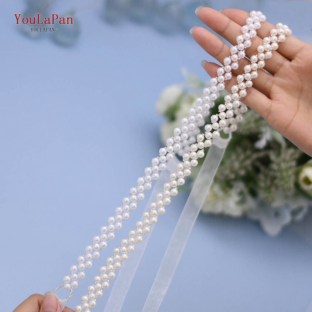 Picture of Pearls Belt Thin Bridal Wedding Dress Sash Beading Chain for Women Bling Belts for Plus Size Bridesmaid Belt - Off White