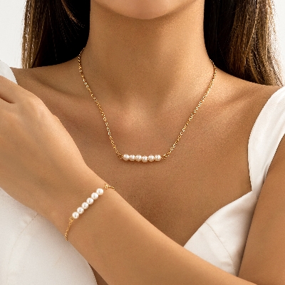 Picture of 2 in 1 Pearl Necklace and Earring Set for Women Elegant Adjustable Jewelry Combo - Gold