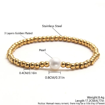 Picture of 5 PCS Elastic Rope Bracelet Pearl Round Beads Bracelets Golden Plated For Women Jewelry Banquet Party Gifts - Gold