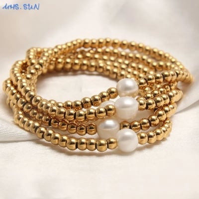 Picture of 5 PCS Elastic Rope Bracelet Pearl Round Beads Bracelets Golden Plated For Women Jewelry Banquet Party Gifts - Gold
