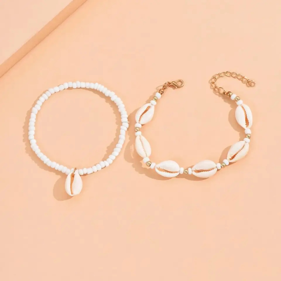 Picture of Summer Beach Shell Beaded Anklets for Women Bohemian Handmade Rice Beads Ankle On the Leg Bracelet Set Vintage Jewelry Gift - Off White
