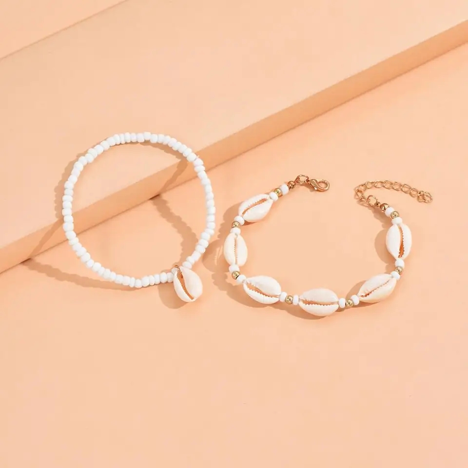 Picture of Summer Beach Shell Beaded Anklets for Women Bohemian Handmade Rice Beads Ankle On the Leg Bracelet Set Vintage Jewelry Gift - Off White