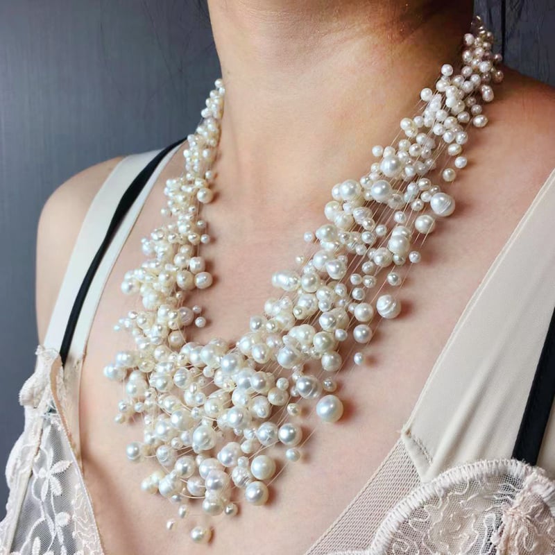 Picture of 30 Lines Transparent String Pearl Necklace Multi Layers 30 Lines For Women Fashion Jewerly Wedding Party Night Dress - White