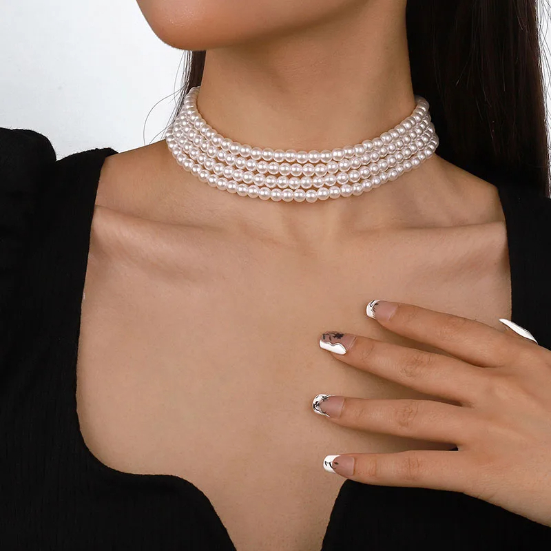 Picture of Vintage Multi-Layer White Imitation Pearl Choker Necklace Fashion Simple Short Clavicle Chain Women Party Wedding Bride Jewelry - White