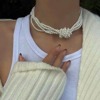Picture of Multi-Layer White Imitation Pearl Necklace Bead Chain Punk Ladies Wedding Short Clavicle Necklacs Girl Charm Banquet Jewelry Tenoor Special - White