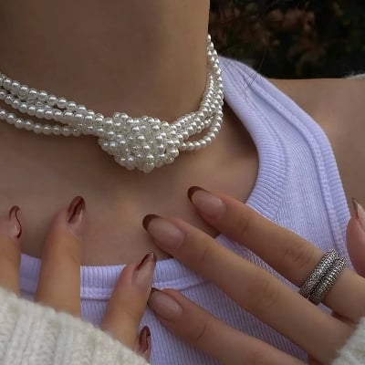 Picture of Multi-Layer White Imitation Pearl Necklace Bead Chain Punk Ladies Wedding Short Clavicle Necklacs Girl Charm Banquet Jewelry Tenoor Special - White