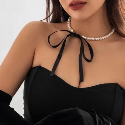 Picture of Chain Necklace Women Elegant Imitation Korean Girls Pearl Rope Choker Jewelry Set Necklace Bracelet - Off White