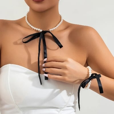 Picture of Chain Necklace Women Elegant Imitation Korean Girls Pearl Rope Choker Jewelry Set Necklace Bracelet - Off White