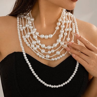 Picture of Luxury Multilayer Imitation Pearl Choker Necklace Set for Women Bride Beaded Necklace Wedding Jewelry Neck Accessories - White