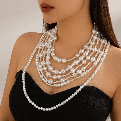 Picture of Luxury Multilayer Imitation Pearl Choker Necklace Set for Women Bride Beaded Necklace Wedding Jewelry Neck Accessories - White