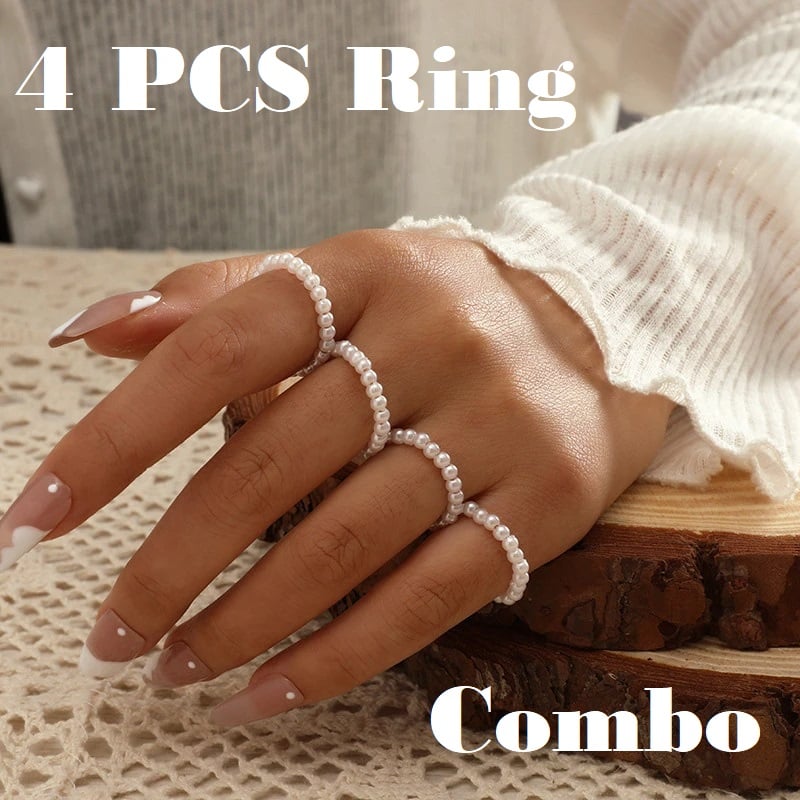 Picture of 4 Pcs Pearl Finger Ring For Adult Girl Jewellery For Women Fashion Wedding - White