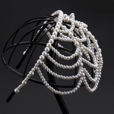 Picture of Womens Imitation Pearl Grid Forehead Party Hair Hoop Droped Headband - White