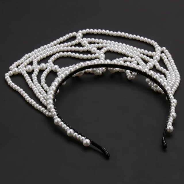 Picture of Womens Imitation Pearl Grid Forehead Party Hair Hoop Droped Headband - White