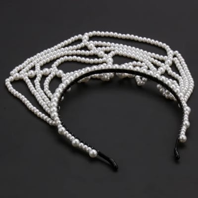 Picture of Womens Imitation Pearl Grid Forehead Party Hair Hoop Droped Headband - White