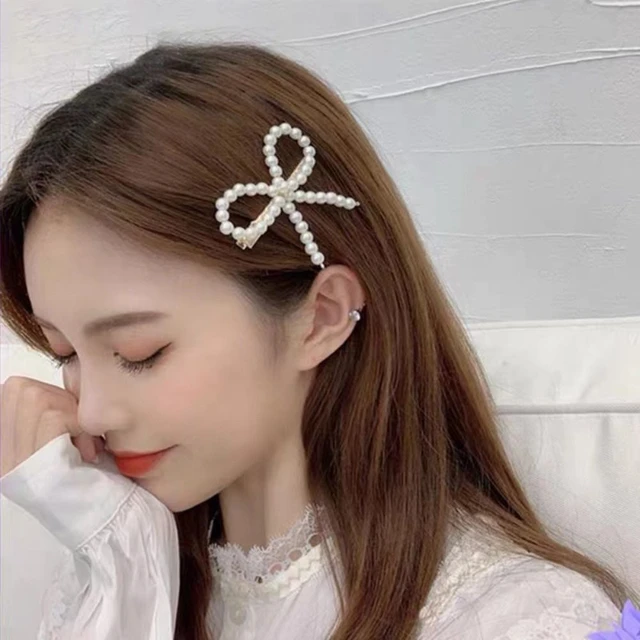 Picture of Pearl Bowknots Hairpins Hair Accessories Vintage Sweet Duck Billed Clip Korean Fashion Bangs Hairclip For Women Girls - White