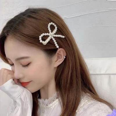 Picture of Pearl Bowknots Hairpins Hair Accessories Vintage Sweet Duck Billed Clip Korean Fashion Bangs Hairclip For Women Girls - White