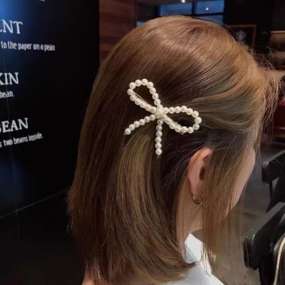 Picture of Pearl Bowknots Hairpins Hair Accessories Vintage Sweet Duck Billed Clip Korean Fashion Bangs Hairclip For Women Girls - White