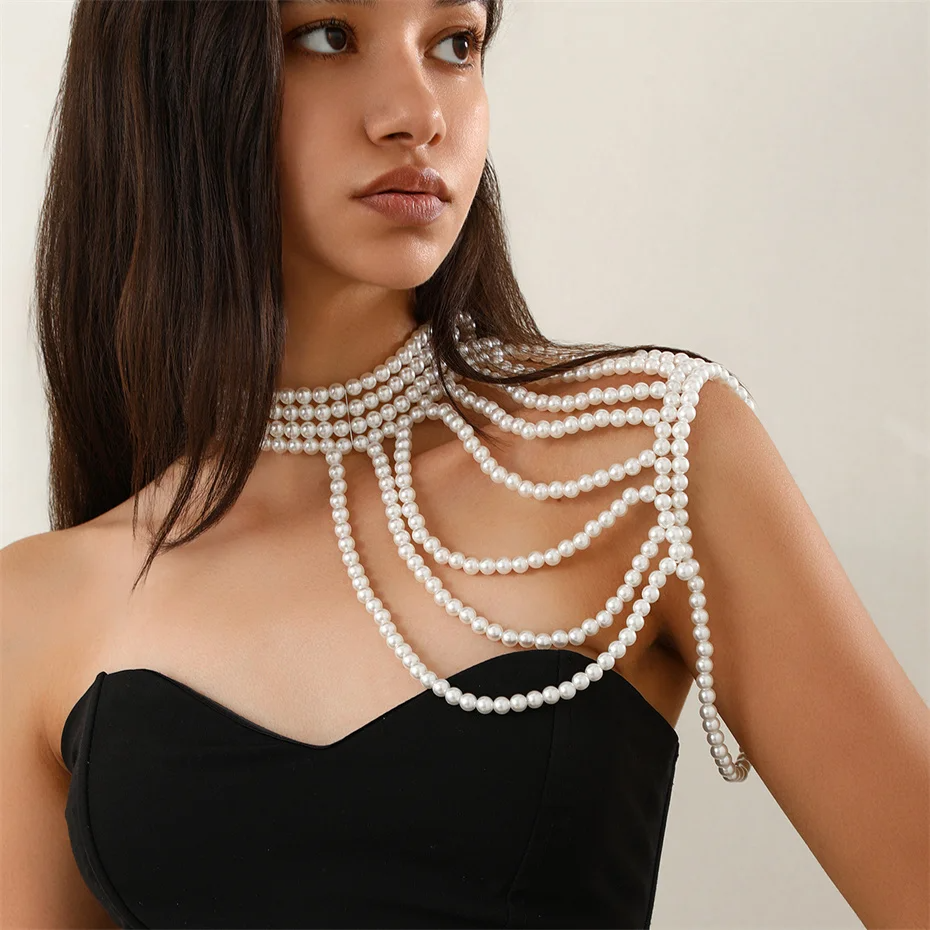 Picture of Pearl Tassel Shoulder Chain Necklace for Women Girls Elegant Rave Body Jewelry Wed Bride Accessories - White