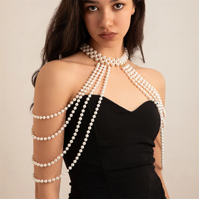 Picture of Bridal Tassel Imitation Pearl Shoulder Chain Necklace for Women Elegant Shawl Wedding Jewelry Accessories - White