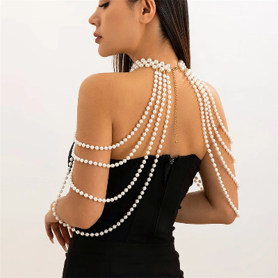 Picture of Bridal Tassel Imitation Pearl Shoulder Chain Necklace for Women Elegant Shawl Wedding Jewelry Accessories - White
