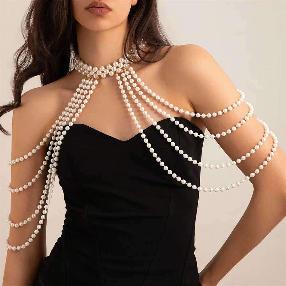 Picture of Bridal Tassel Imitation Pearl Shoulder Chain Necklace for Women Elegant Shawl Wedding Jewelry Accessories - White