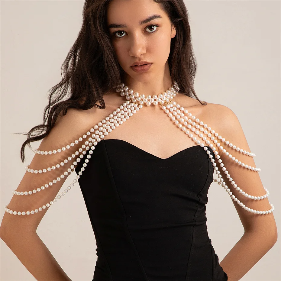 Picture of Bridal Tassel Imitation Pearl Shoulder Chain Necklace for Women Elegant Shawl Wedding Jewelry Accessories - White