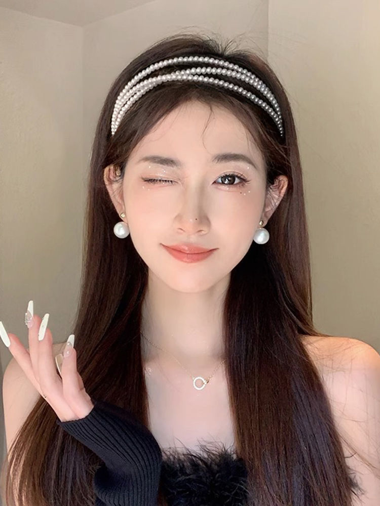 Picture of 3 Layer Pearl Hair Band Women's Super Immortal French Romantic New Wash Face High Head Press Hair Clip Headwear - White