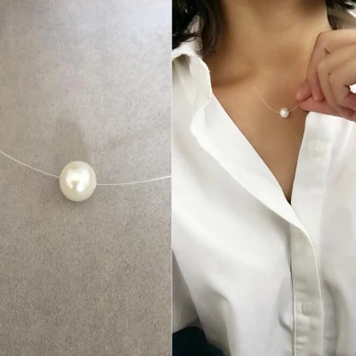 Picture of Trendy Fishing line Simulated Pearl Circle Necklace For Women Statement Necklaces & Pendants Choker Jewelry Summer Gifts - White