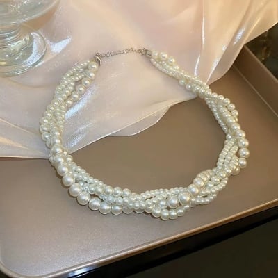 Picture of Charm Fashion White Twining Pearl Choker Necklaces For Women Geometric Necklaces Weddings Bride Jewelry Accessories - Off White