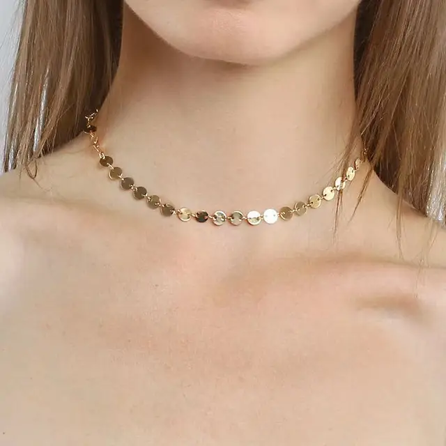 Picture of Simple Fashion Sweet Romantic Gold Color Clavicle Chain Necklace Ladies Coin Sequin Necklaces Charm Girl Jewelry Gift - Gold