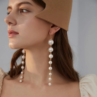 Picture of Long Fringe Drop Earrings for Women, Retro Holiday Style with Simulated Pearls and Zinc Alloy - White