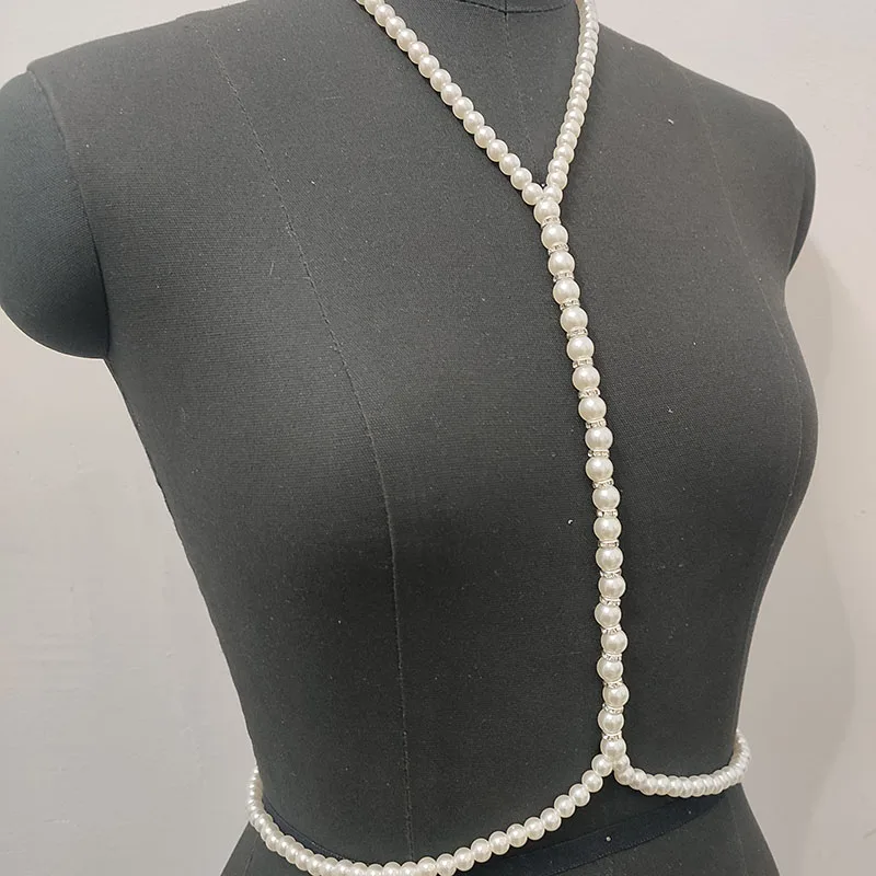 Picture of Spring White Pearl Body Chain Harness Chain Street Stylish Belly Accessory For Hot Women Body Jewelry For Visible T-shirt - Off White