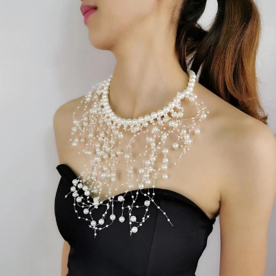 Picture of Fashion Simulated Pearl Necklaces Beads Collar Choker For Women Long Pendant Statement Jewelry Party Wedding Accessories - White