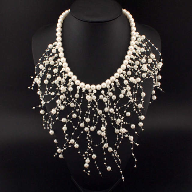 Picture of Fashion Simulated Pearl Necklaces Beads Collar Choker For Women Long Pendant Statement Jewelry Party Wedding Accessories - White