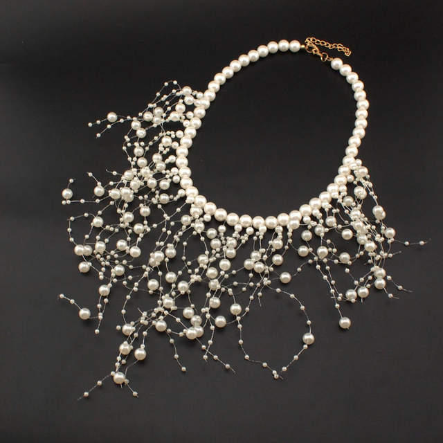 Picture of Fashion Simulated Pearl Necklaces Beads Collar Choker For Women Long Pendant Statement Jewelry Party Wedding Accessories - White