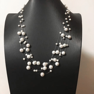 Picture of 5 Layer Transparent String Pearl Necklace Multi Layers For Women Fashion Jewerly Wedding Party Night Dress - White