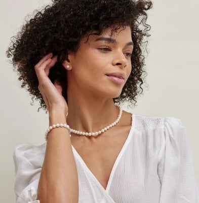 Picture of 3 in 1 Combo 6 mm Pearl Necklace Earrings Bracelet Women Fashion Party Dating Romance - White