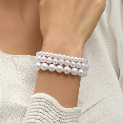 Picture of Imitation Pearl Beads Free Adjust 18cm Girth Elastic Bracelet for Women Various Sizes - White