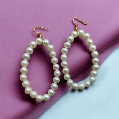 Picture of 3 inch Oval Shape 6mm Pearl Earrings For Women Fashion Party Drop Earrings - White