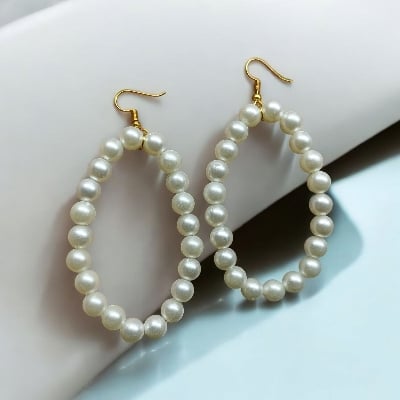 Picture of 3 inch Oval Shape 6mm Pearl Earrings For Women Fashion Party Drop Earrings - White