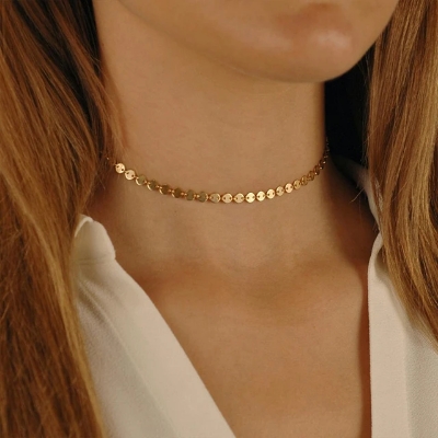 Picture of Golden Chain Chokers Necklaces for Women Small Round Metal Sequin Necklace Trendy Summer - Gold