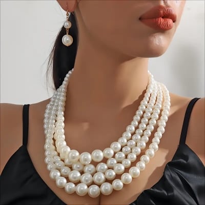 Picture of 4 line Necklace Pearl Jewellery Design Women Fashion Necklace - White