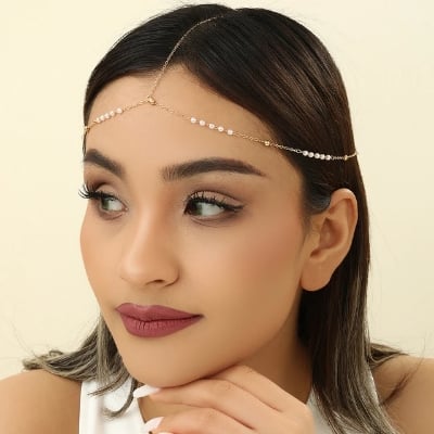 Picture of Pearl Chain Tikli Headpiece Imitation Pearl Link Chain Elegant Head Forehead Accessories Bling Bridal Hair Chain Women Lady Aesthetic Jewelry - Gold