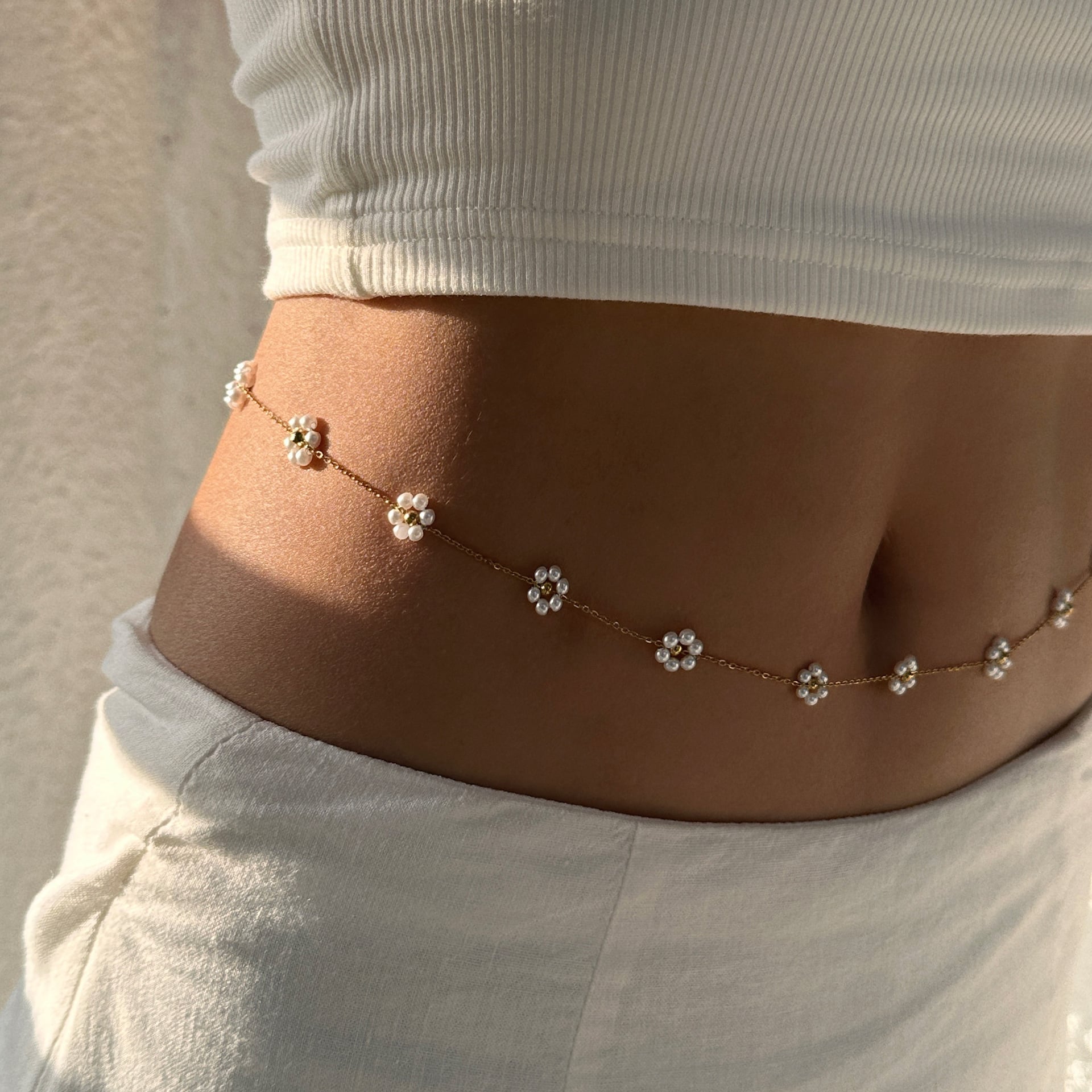 Picture of Pearl Daisy Flowers Waist Chain Korean Jewlary For Girls And Women - Off White