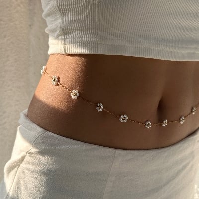 Picture of Pearl Daisy Flowers Waist Chain Korean Jewlary For Girls And Women - Off White