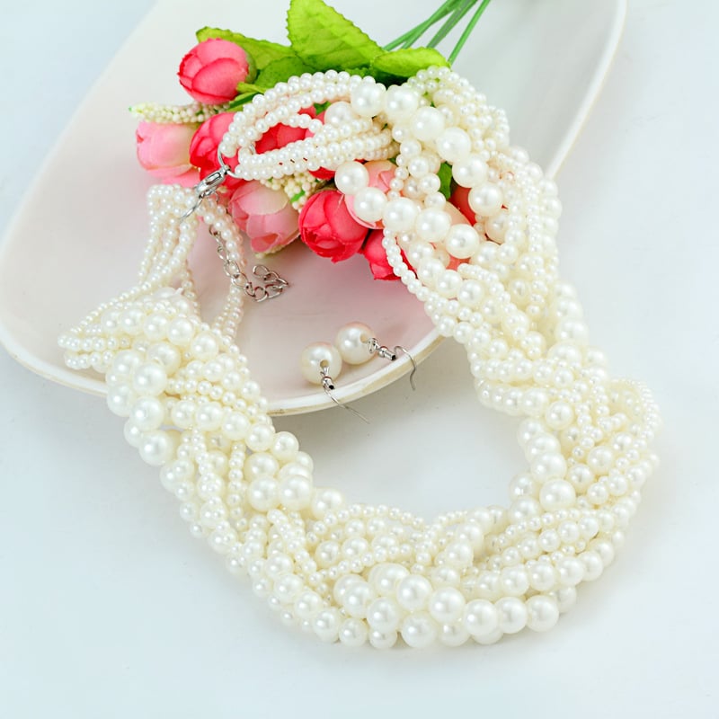 Picture of Classic Handmade Simulated Pearl Choker Statement Necklace Earring Jewelry Sets Women Party Luxury Wedding Jewelry Set - elite